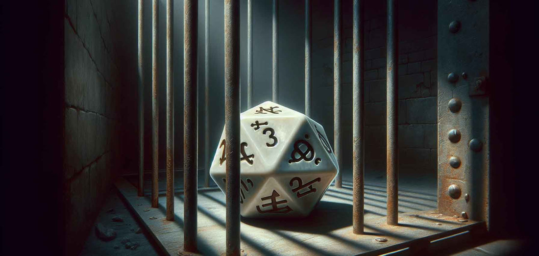 A d20 with mysterious symbols on each face taht is sat in a dark jail cell as punishment for rolling badly