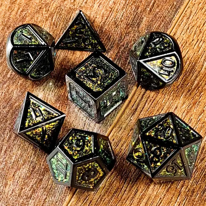 Glittering Chartreuse Metal DnD Dice Set