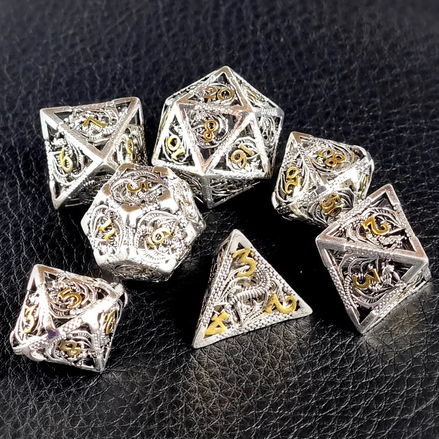 Silver & Gold Dragon Metal DnD Dice Set