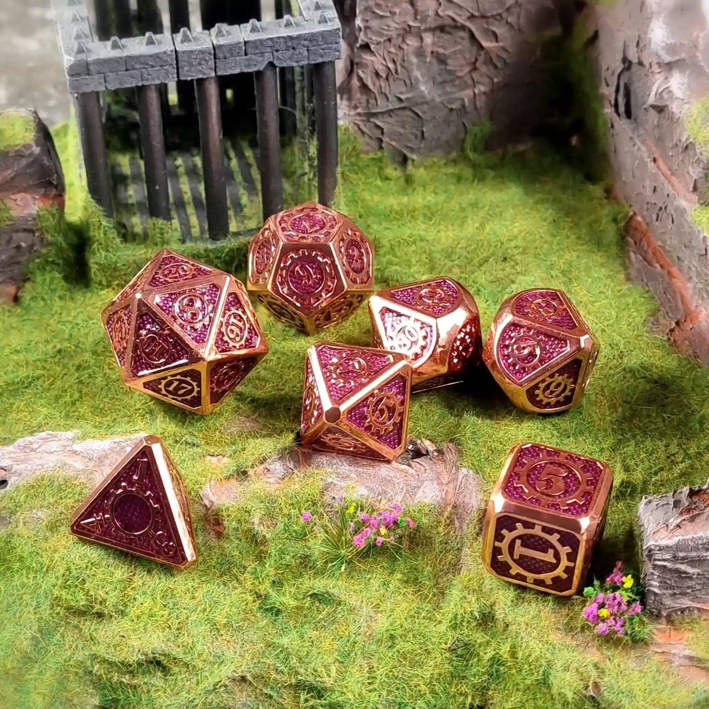 Copper Purple Cogs & Gears Metal DnD Dice Set