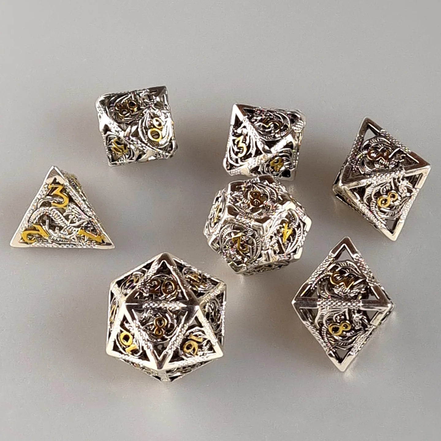 Silver & Gold Dragon Metal DnD Dice Set