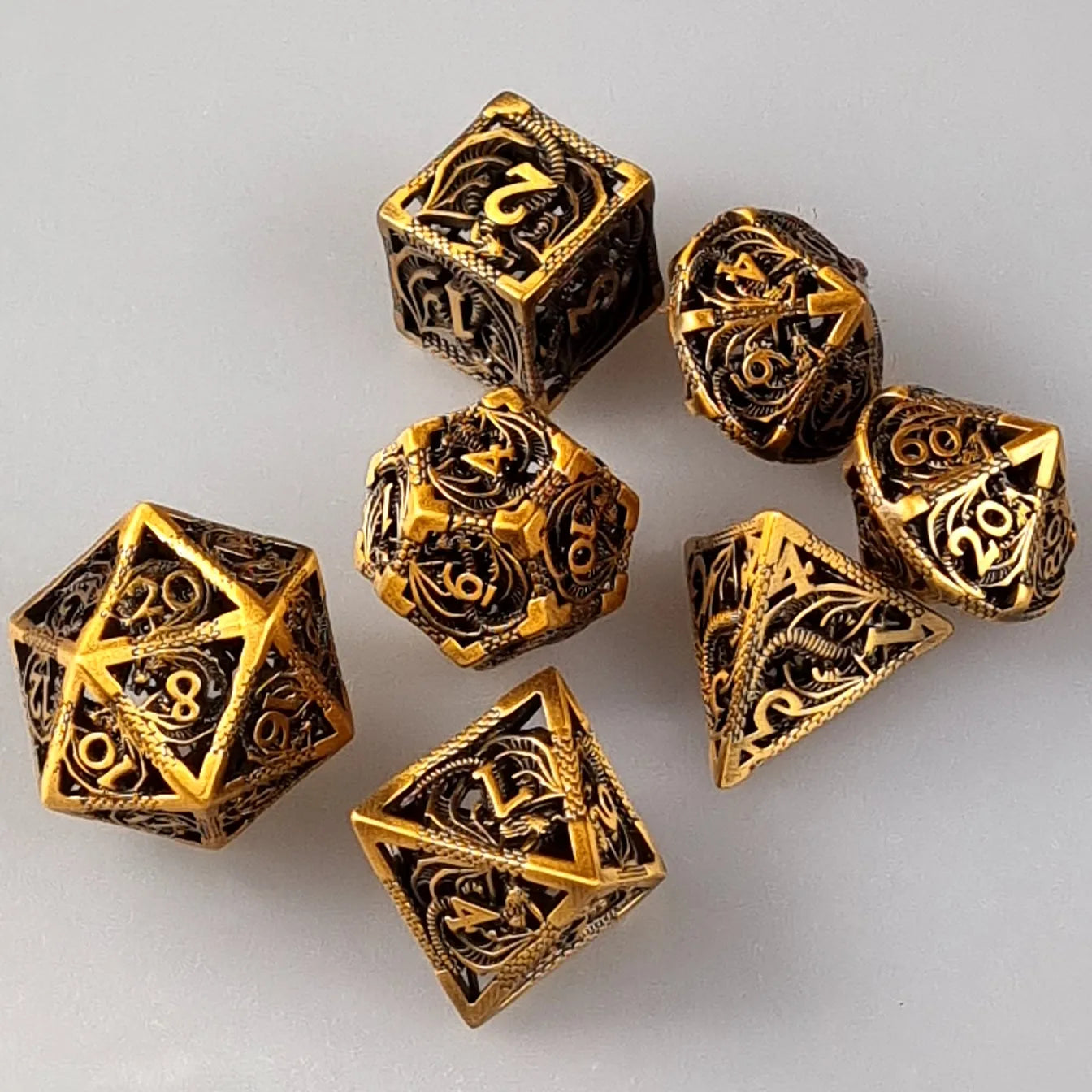 Vintage Brass Dragon Metal DnD Dice Set