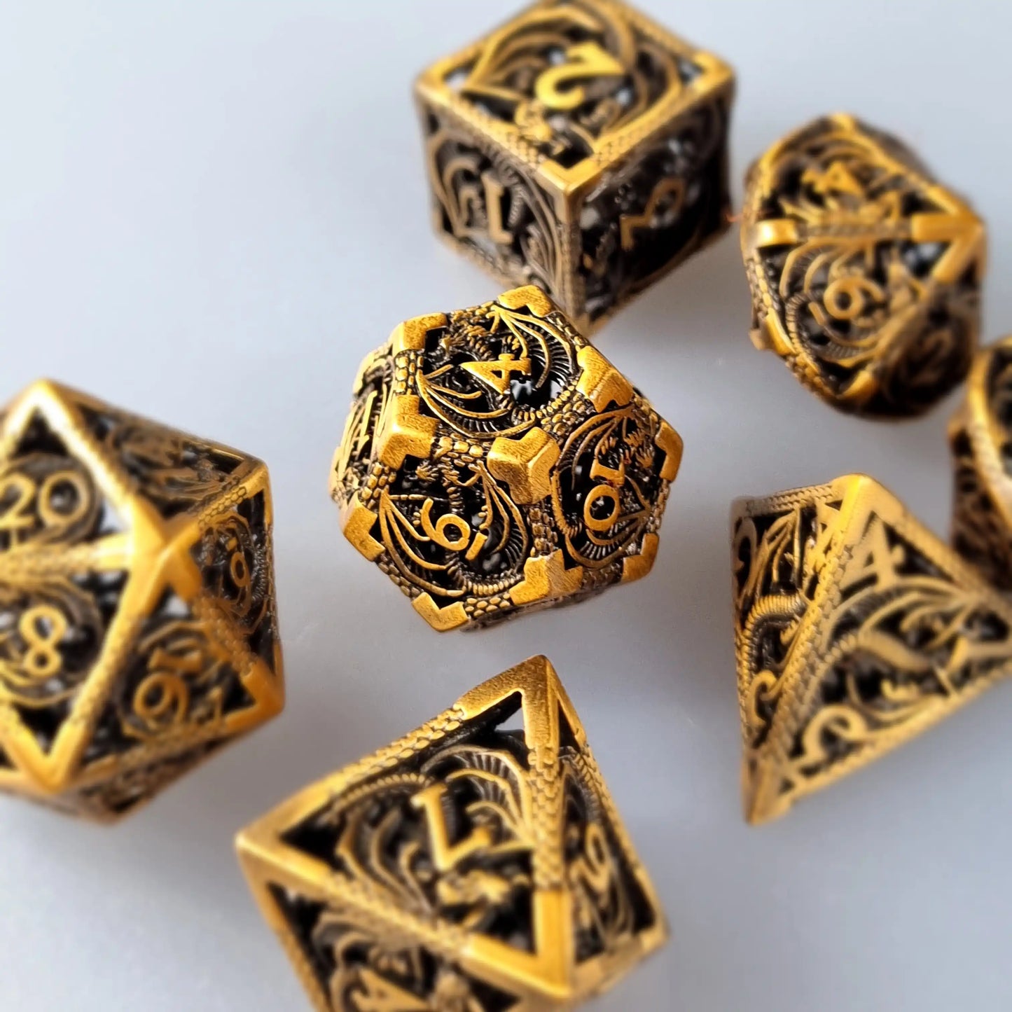 Vintage Brass Dragon Metal DnD Dice Set