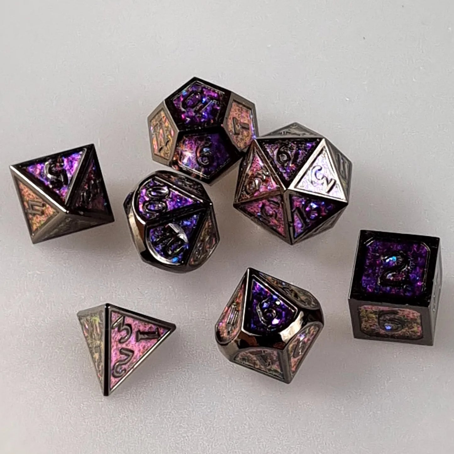 Glittering Dark Magenta Metal DnD Dice Set