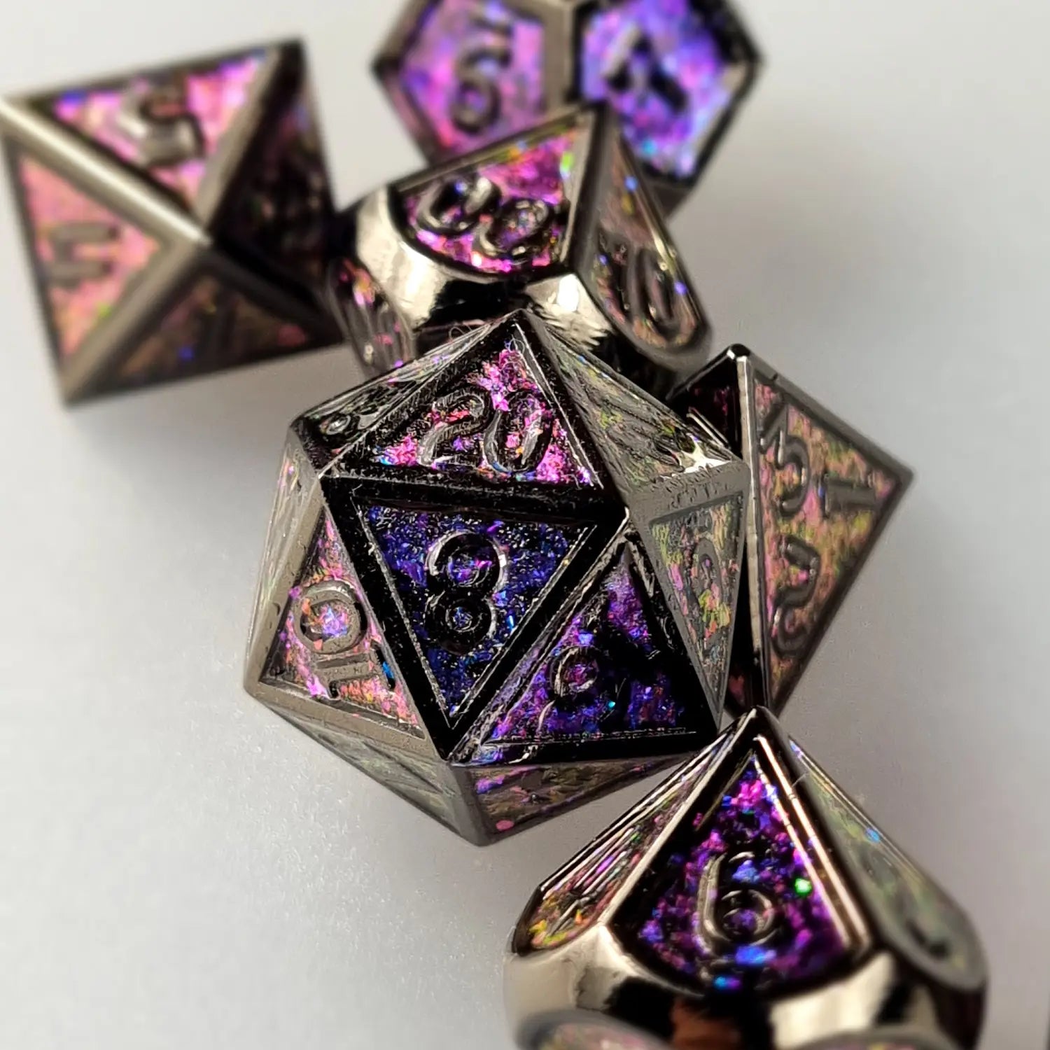 Glittering Dark Magenta Metal DnD Dice Set