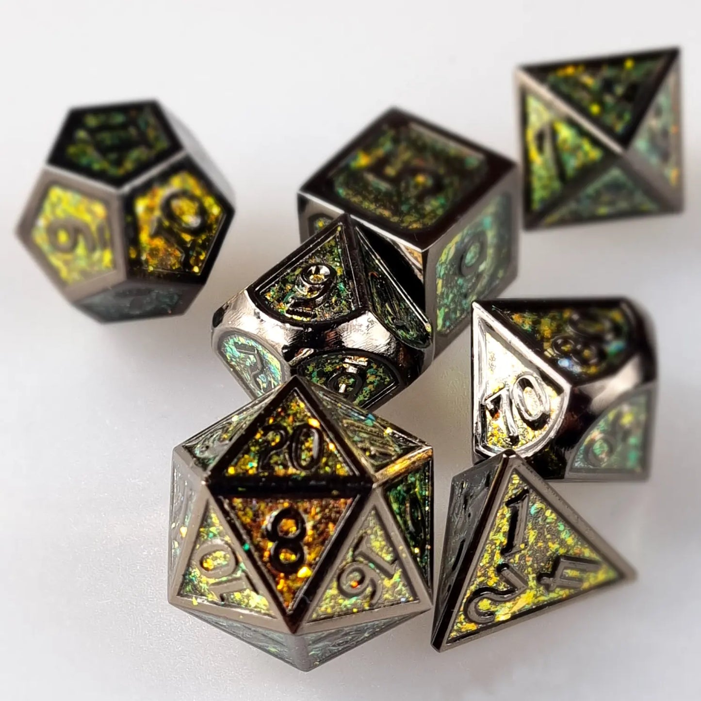 Glittering Chartreuse Metal DnD Dice Set